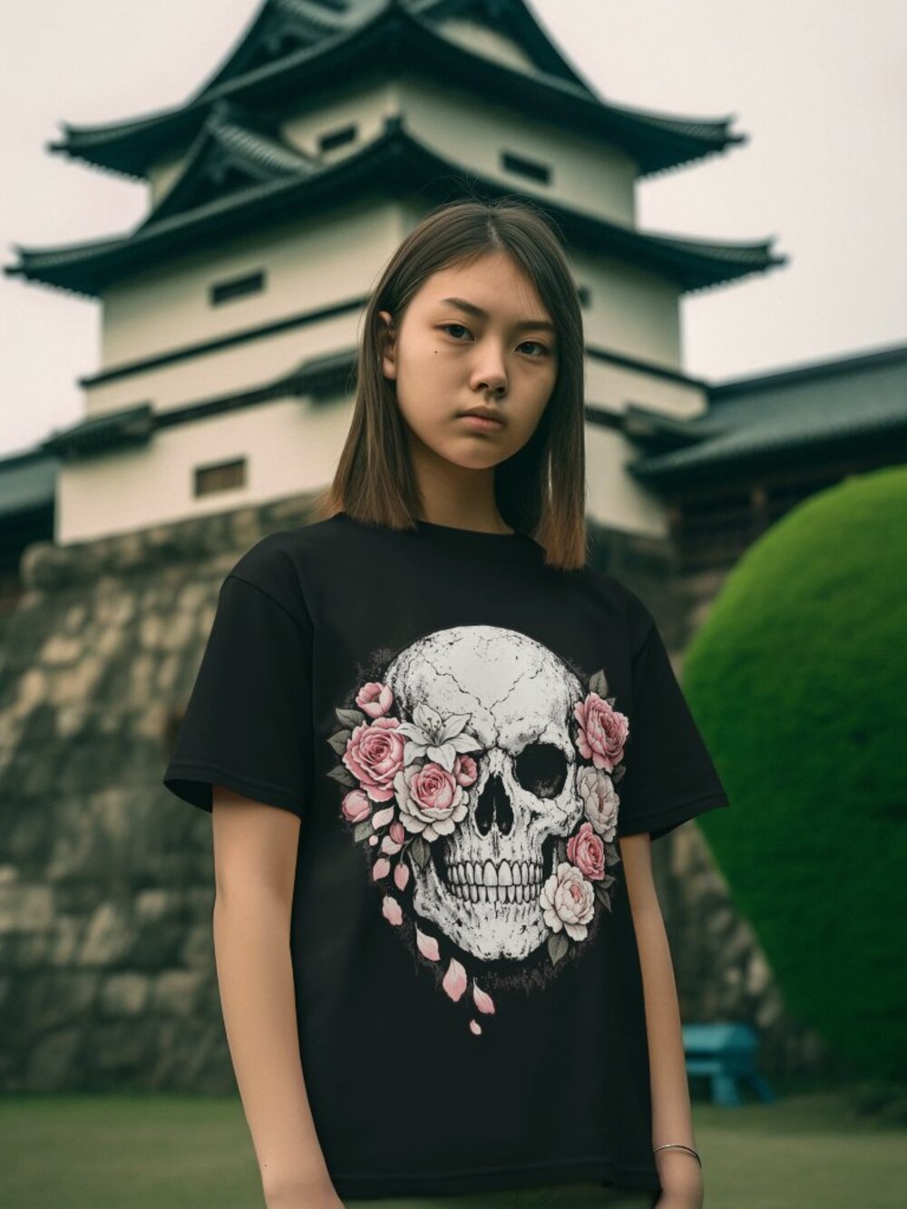 Floral Skull Shirt for Women – White Skull with Pink Roses Peonies Lilies Graphi
